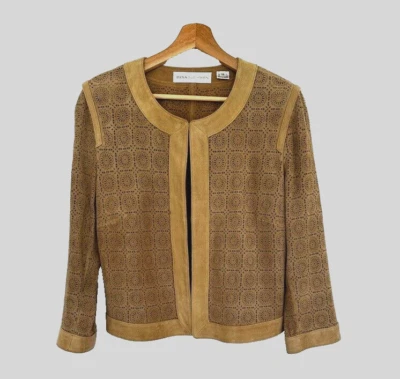 Dana Buchman Cuero.Chaqueta Talla 12 100% Gamuza Marrón Tostado Perforada Boho Foto 1 de 4