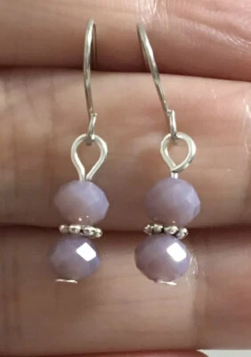 Small 6mm Purple Crystal Silver Dangle Earrings Stainless Steel Hooks! - Image 1 of 4
