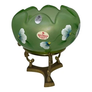 VTG Fenton Green Stain Glass Bowl Candle Holder Brass Metal Stand Flower Floral - Picture 1 of 16
