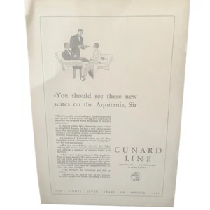 Anuncio publicitario vintage de 1927 Cunard Line nuevas suites en Aquitania - Imagen 1 de 4