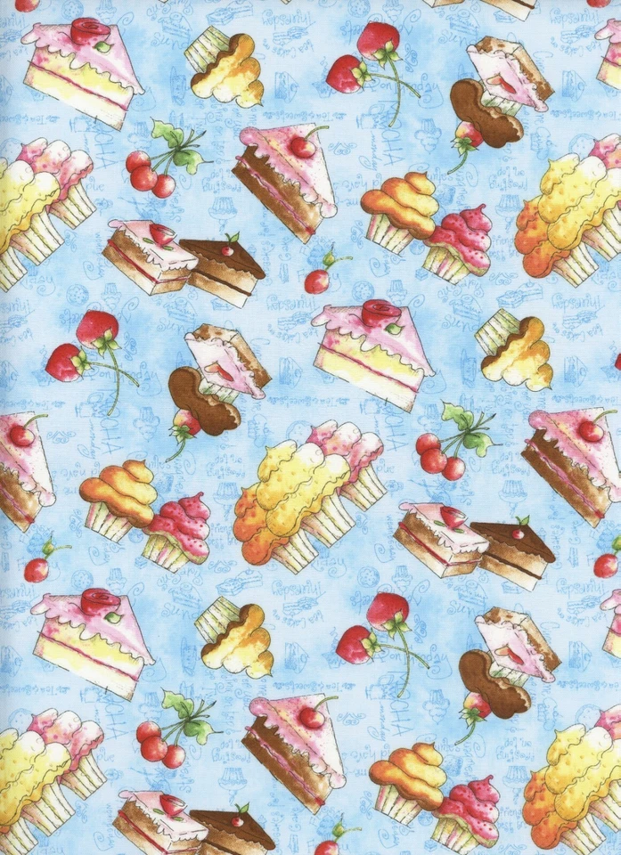Tea & Sweets on Blue 1 Fat Quarter棉织物被绗缝甜点蛋糕 — 第 1/1 张图片