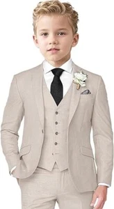 Boys Linen Suit 3 Piece Slim Fit Suits for Kids Formal Tuxedo Suits for Summer - Picture 1 of 35