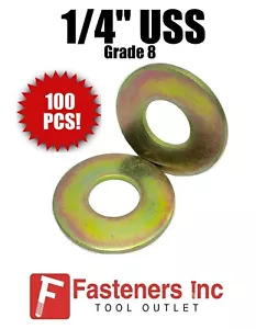 (Qty 100) 1/4" USS Flat Washers Thru-Hardened / Grade 8 Yellow Zinc - Picture 1 of 3