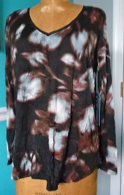 SIMPLY VERA VERA WANG BLACK BROWN BLUE MULTI LONG SLEEVE TOP - PETITE L - NWT - Image 1 of 4