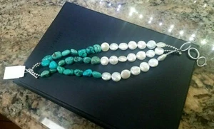 Dallas Prince Multi stones Turquoise White Pearl Sterling Silver Toggle Bracelet - Picture 1 of 4