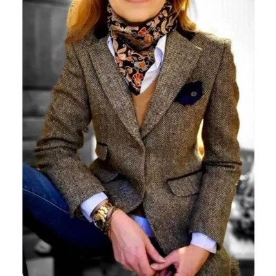 Women's Vintage Business Casual Suit Wool Blend Jacket Herringbone Blazer Spring - Image 1 of 4