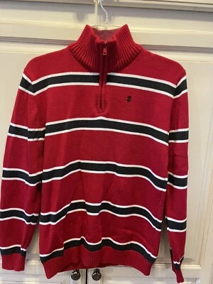 Suéter Izod 100% Algodón Rojo Rayas 1/4 Cremallera Simulada Tortuga - Niños XL 18/20 Logo Foto 1 de 4