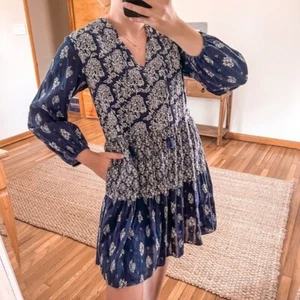 Maeve Anthropologie Navy Paisley Bohemian Floral Peasant Tunic Mini Dress XS - Picture 1 of 9