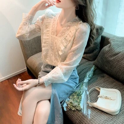 Lady Chiffon Floral Lace Shirt Blouse Ruffle Long Puff Sleeve V Neck Hollow Top - Image 1 of 4