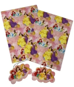 Disney Princess Birthday Wrapping Paper 2 Sheets 2 Tags Belle Ariel Rapunzel - Picture 1 of 3