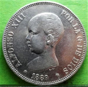 ALFONSO XIII, 5 Pesetas, 1889, *18-89, Silver, SPAIN - Picture 1 of 2