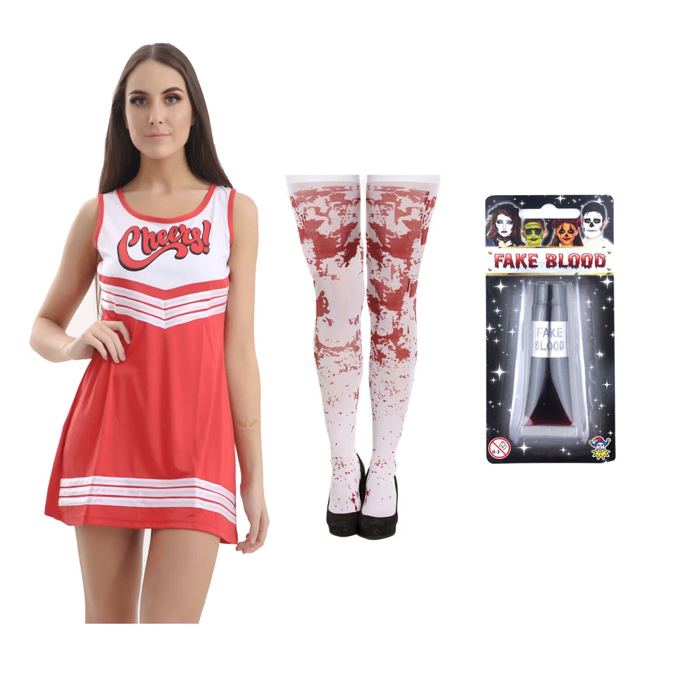 WICKED FUN DAMEN GRUSELIG BLUTIG ZOMBIE SCHULE CHEERLEADER HALLOWEEN KOSTÜM UK