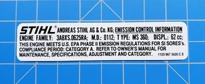Etichetta emissioni motosega Stihl MS 360 etichetta Stihl # 1125 967 3420, # 11259673420 - Foto 1 di 1