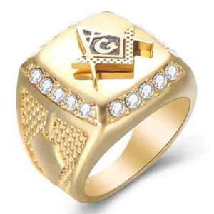 Luxury Stainless Steel AG Freemason Gold Diamond Men's Rings Sizes 8-13 - Picture 1 of 11