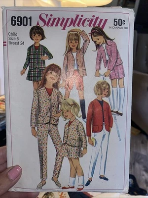 60s Girls Sewing Pattern Size 6 Jacket Mini Skirt Pant Simplicity 6901 Cut - Image 1 of 3