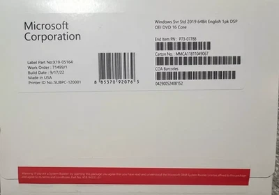DVD estándar de 16 núcleos Microsoft Windows Server 2019 sellado de fábrica nuevo Foto 1 de 2