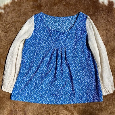 Top Vintage Hecho a Mano Cottage Prairie Manga Larga Floral Encaje Azul Campesino L ÚNICO EN SU CLASE Foto 1 de 4