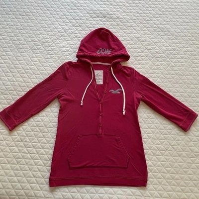 Sudadera con Capucha Y2K Hollister HCO Para Mujer L Rosa 3/4 Mangas Deshilachadas Preppy Botón Henley Foto 1 de 4