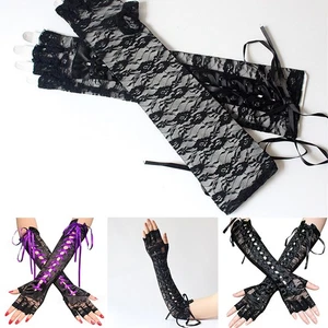 Guanti da donna UK gotici punk halloween pizzo steampunk lunghi stringati senza dita - Foto 1 di 10