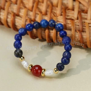 4mm Natural Lapis Lazuli Round Gems Beads Red Jade Pearl Adjustable Stretch Ring - Picture 1 of 4
