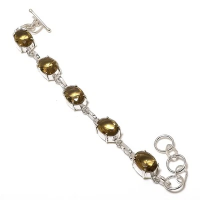 Smoky Quartz Gemstone Bracelet Oval Shape Handmade Antique Solitaire Jewelry 7" - Image 1 of 4