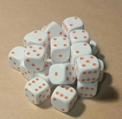 White And Orange Dice 14mm with spots. Packs of 20 - Image 1 of 2