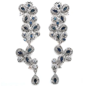 Thai Handmade White Gold Plated Blue Sapphire & White Zircon Earrings - Picture 1 of 4