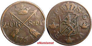 SWEDEN COPPER Adolf Frederick 1764 2 Ore,S.M  BROWN  KM#461 (2370) - Picture 1 of 3