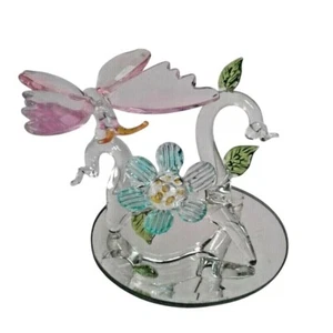 Blown Glass Pink Butterfly Figurine Branch Mirror Baser Figurine Blue Flower - Picture 1 of 8