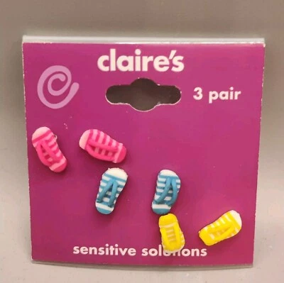 Claire's Small Pink Blue Yellow White Stripe Flip Flop Sandal Stud Post Earrings - Image 1 of 3