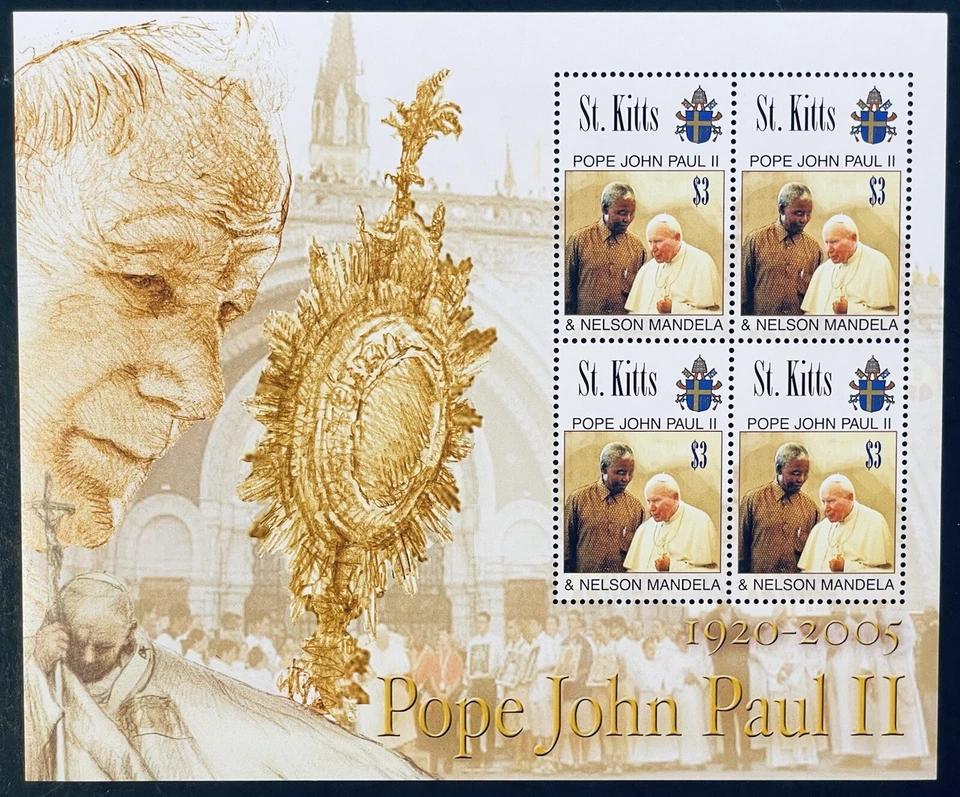 HOJA DE SELLOS DE SAN KITTS PAPA JUAN PABLO II Y NELSON MANDELA DE 4 MNH 2005 Foto 1 de 1