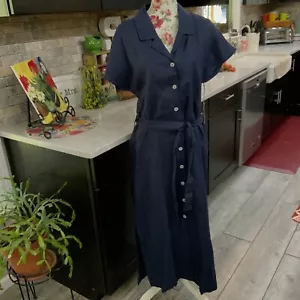 Three Dots 100% Linen Short Sleeve Midi Shirtdress Navy Blue Size Medium New - Picture 1 of 20