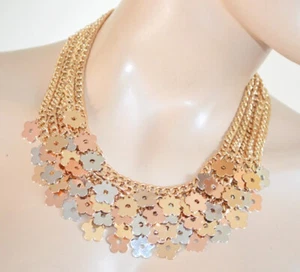 Collana donna girocollo multi catene dorato ciondoli fiori argento oro rosa UN37 - Foto 1 di 2