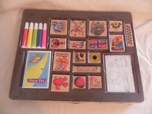 2001 Sky Kids Inc. Wood Mounted Rubber Stamps and Ink Pad, Complete w/Packaging - Picture 1 of 7