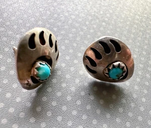 Vintage Navajo Sterling Silver Bear Paw Claw Turquoise Pierced Earrings 3/8”  - Picture 1 of 5