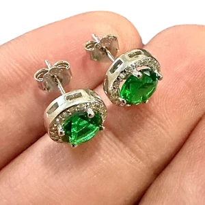 Emerald Stud Earrings 925 Sterling Silver lab-created Princess Cut Earrings 9MM - Picture 1 of 9