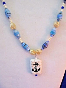 ARTISAN MADE NECKLACE AND EARRINGS - BLUE AND PEARL COLORS - ANCHOR MOTIF - Picture 1 of 4