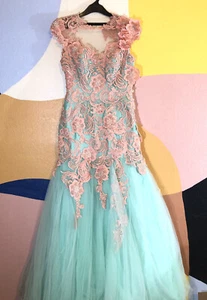 Couture Dress Teal & Pink Lace Applique Flower Beads Tule Trumpet Style Sheer - Picture 1 of 12