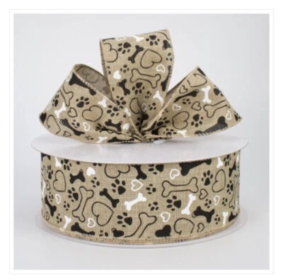 50 Yard ROLL Dog Paw Prints Bones Hearts Paws BEIGE Wired 2.5" Ribbon (150 Feet) - Image 1 of 3