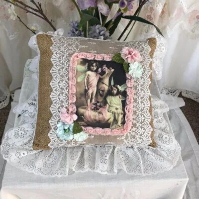 small decorative pillow Vintage antique theme Photo burlap and lace art piece - Image 1 of 4