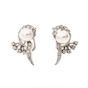 14K Lady's Custom-Made White Gold Pearl and Diamond Earrings, 7.2 grams - Picture 1 of 5