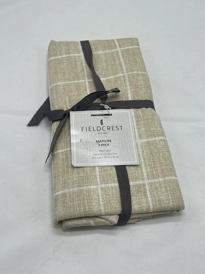 Fieldcrest Luxury 20” X 20” Windowpane Print  Beige Linen Dinner Napkin Set of 4 - Image 1 of 3