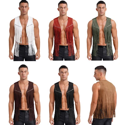 Men Suede Leather Cowboy Vest Layered Dress Open Front Tassel Vest Waistcoat - Image 1 of 3