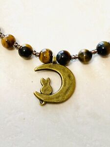 Cute Bronze Cat on the Moon Pendant + Tigers Eye Beaded Necklace
