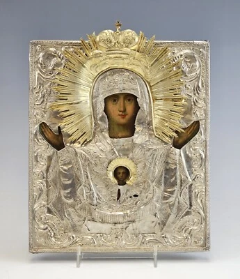 Hermoso icono ruso de plata dorada del siglo XIX El signo Madre de Dios (Znamenie) 1844 Foto 1 de 4