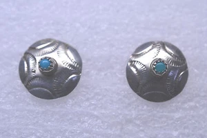 SMALL HANDCRAFTED SOUTHWESTERN STERLING SILVER TURQUOISE CONCHO EARRINGS - Picture 1 of 1