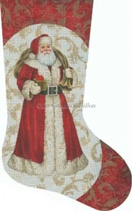 Needlepoint Handpainted Liz Goodrick Dillon Christmas Stocking Red Santa w/ Gift - Picture 1 of 1