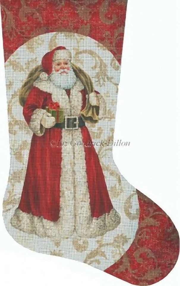 Needlepoint Handpainted Liz Goodrick Dillon Christmas Stocking Red Santa w/ Gift - Image 1 of 1