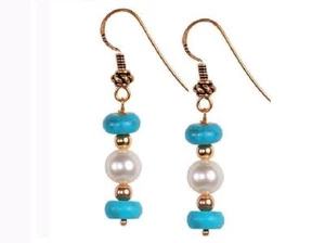 Turquesa & Cultivada Perla Botón Redondo Sterling Pendientes - Imagen 1 de 1