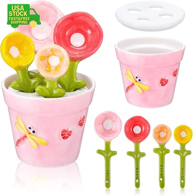 Ceramic Flower Measuring Spoons Set with Holder Pot Cute Baking Utensils Pink Gi - Image 1 of 4